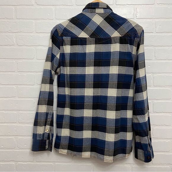 PRIVATE Member Mens plaid 100% cotton button down shirt blue ecru white in small - Picture 6 of 15